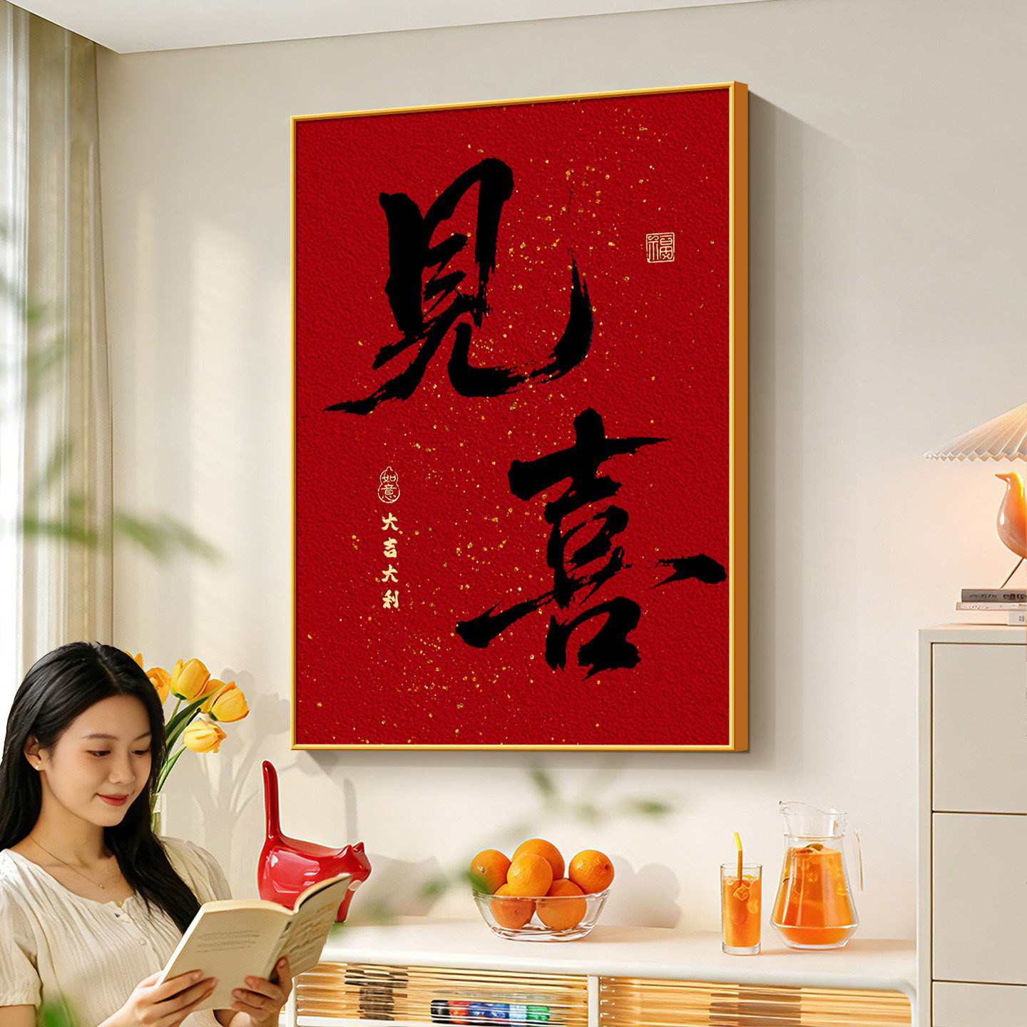 开门见喜斗柜上装饰画现代简约红色喜庆过年壁画餐厅新款书法字画