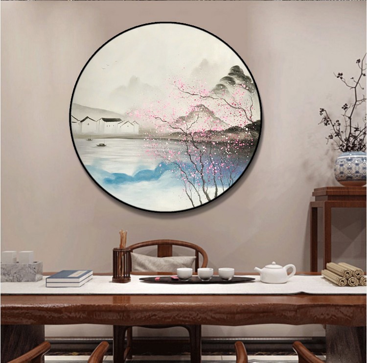 现代江南水乡风景挂画圆形入户玄关客厅装饰画新中式走廊过道壁画图片
