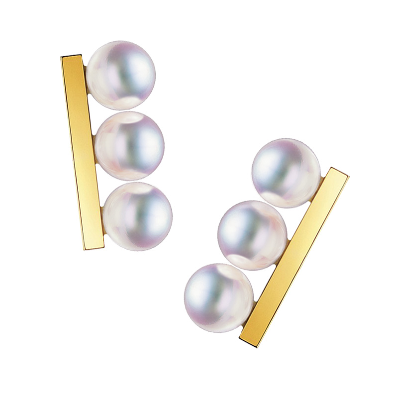 18K金平衡木珍珠耳钉三颗