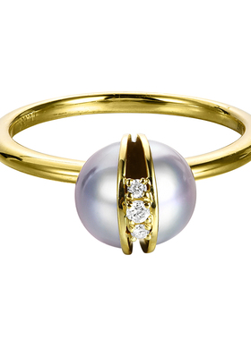 T家同款akoya海水珍珠戒指18K金剖面切割钻石半球珠切珠女戒