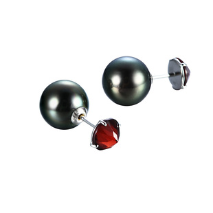 T家同款 大溪地黑珍珠拼石榴石耳环18K孔雀绿珍珠黑珍珠耳钉