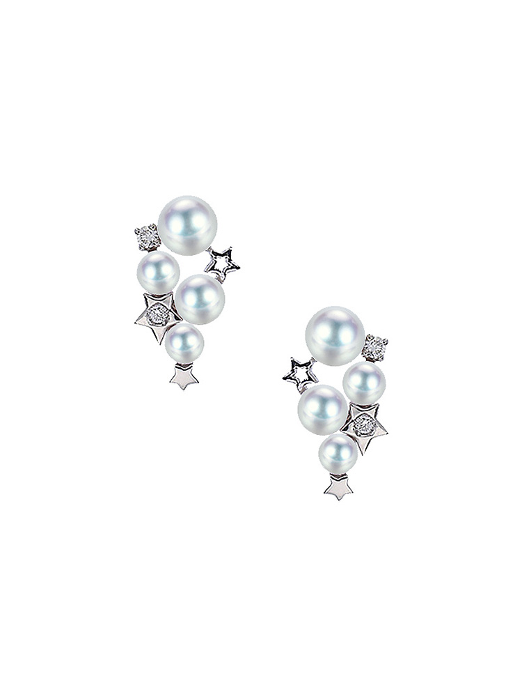 日本天然海水akoya珍珠天女耳环18K金镶钻石星光皇后正圆海珠耳钉