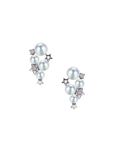 日本天然海水akoya珍珠天女耳环18K金镶钻石星光皇后正圆海珠耳钉