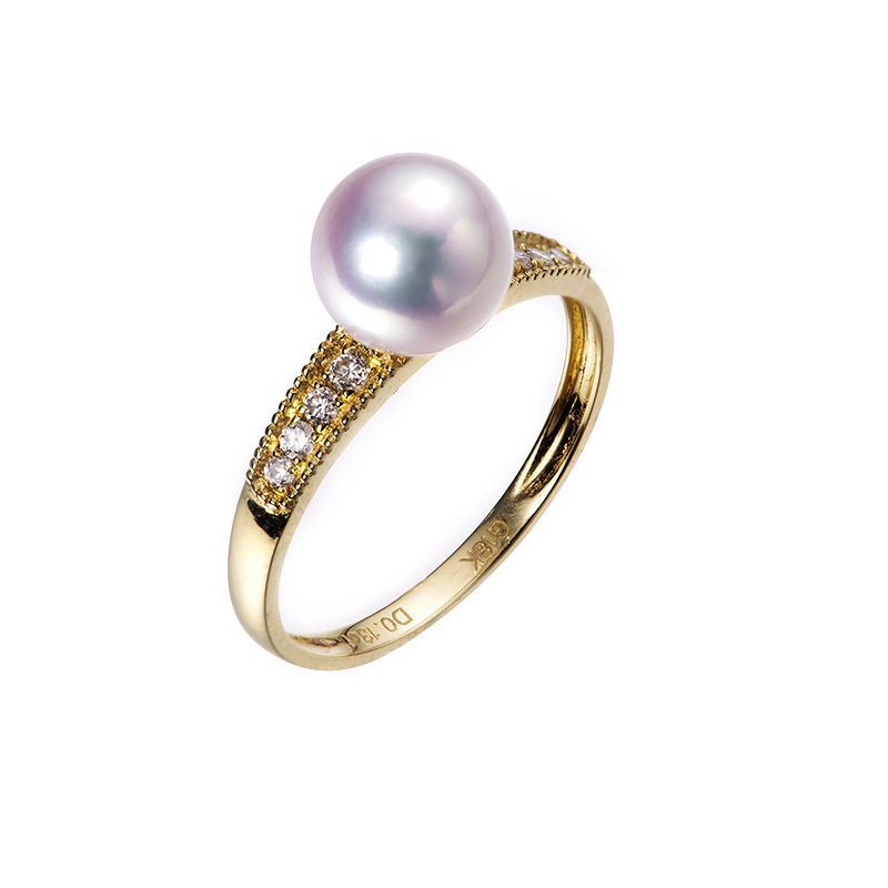 日本天然Akoya海水天女珍珠戒指18K黄金镶嵌钻石经典镂珠边宫廷