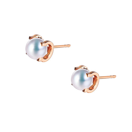 现货Akoya天然海水珍珠天女耳钉 18K玫瑰金C字牛头款圆极强光正圆