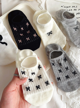 蝴蝶结袜子女船袜夏季薄款纯棉不掉跟防滑夏天白色隐形袜浅口短袜