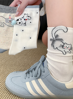 小猫咪蝴蝶结可爱袜子女长袜纯棉夏季薄款白色运动春秋女生中筒袜