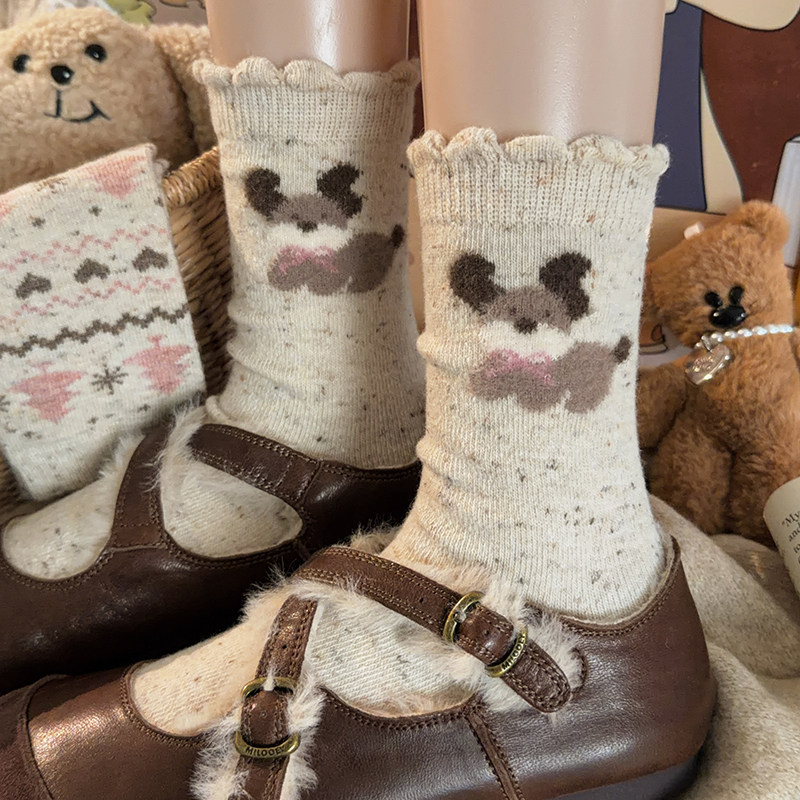 新款小狗点子纱可爱羊毛袜子女中筒袜秋冬季加绒加厚保暖长筒长袜,女士内衣/男士内衣/家居服,中筒袜,淘宝优惠券,粉丝福利购,淘宝优惠卷