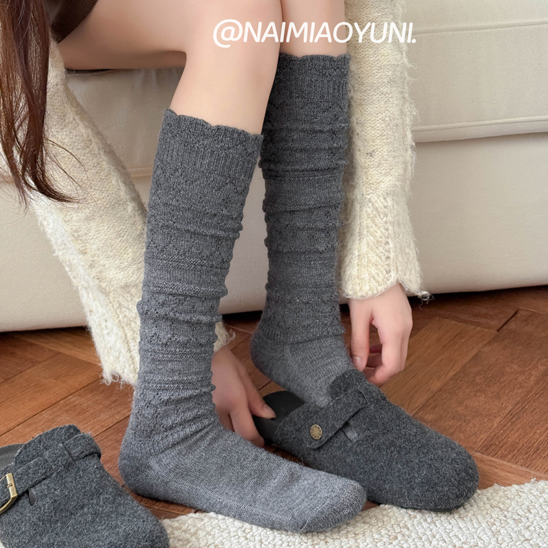 灰色羊毛小腿袜子女日系复古堆堆
