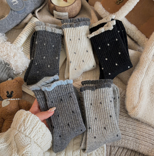 新款花边波点袜子女羊毛袜加绒加厚保暖秋冬季中筒袜冬天女生长袜