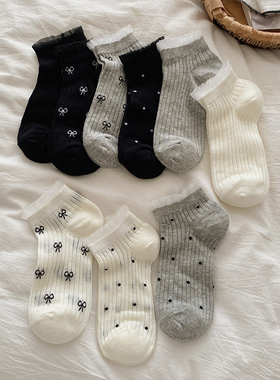 新款白色袜子女短袜夏季薄款蝴蝶结波点纯棉中筒芭蕾风短筒袜船袜