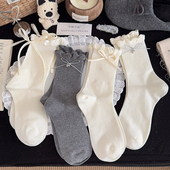 花边蝴蝶结袜子女中筒袜春秋棉袜白色女生堆堆袜日系长筒长袜秋冬