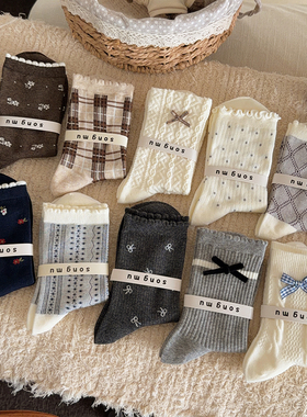 新款花边碎花蝴蝶结袜子女中筒袜春秋棉袜女生秋冬ins潮长筒长袜