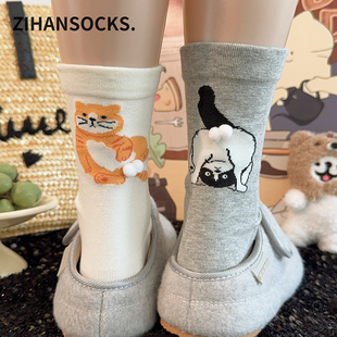 新款猫咪蛋蛋立体袜子女中筒袜春秋情侣可爱卡通灰色趣味女生长袜