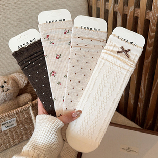 新款 燕麦色袜子女中筒袜春秋纯棉花边波点蝴蝶结堆堆袜ins潮长袜