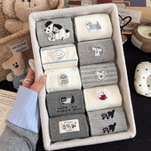 新款 刺绣小狗袜子女中筒袜ins潮棉袜冬天灰色可爱卡通秋冬季 长袜