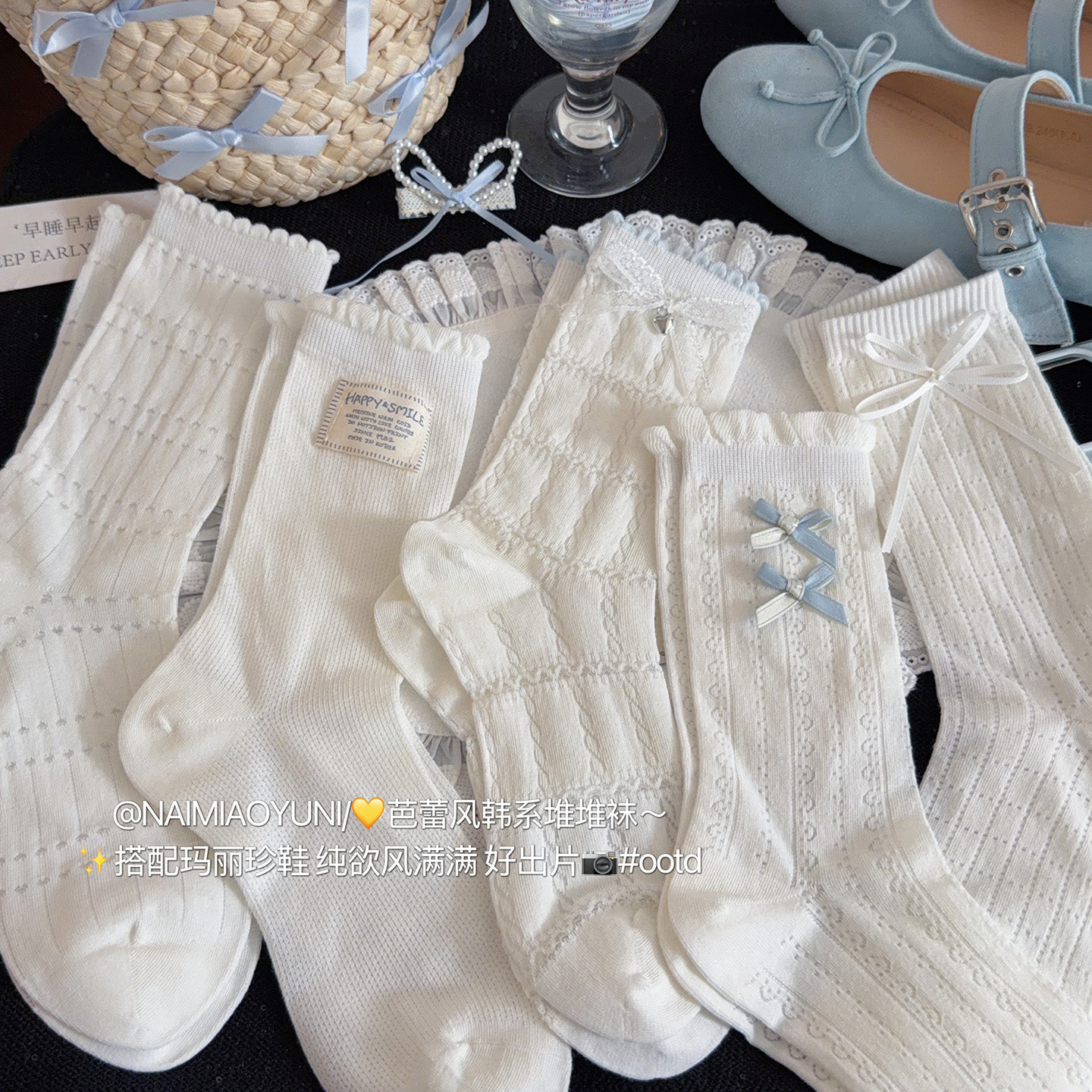 新款芭蕾风白色蝴蝶结袜子女中筒袜夏季薄款棉袜透气日系少女长袜