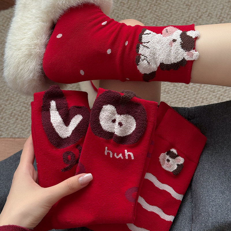 条纹本命年红袜子女中筒袜秋冬棉袜红色马年立体可爱卡通新年长袜