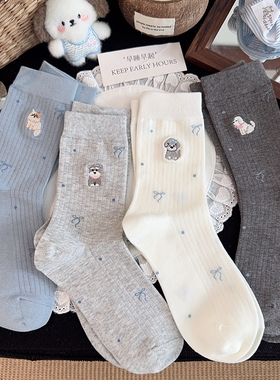 新款小狗刺绣袜子女中筒袜ins潮棉袜秋冬可爱卡通蝴蝶结女生长袜