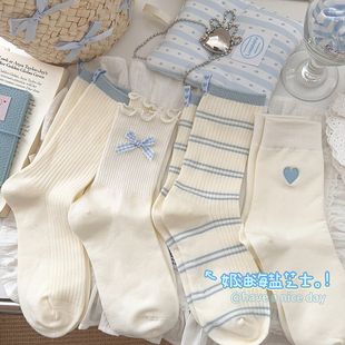 薄款 白色袜子女中筒袜纯棉春秋日系ins潮夏季 爱心木耳边女生长袜