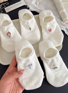 新款白色船袜女纯棉不掉跟防滑袜子夏薄款蝴蝶结夏天浅口隐形短袜