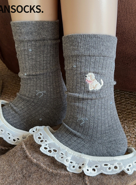 灰色小狗袜子女长袜ins潮棉袜春秋日系可爱蝴蝶结女生堆堆中筒袜
