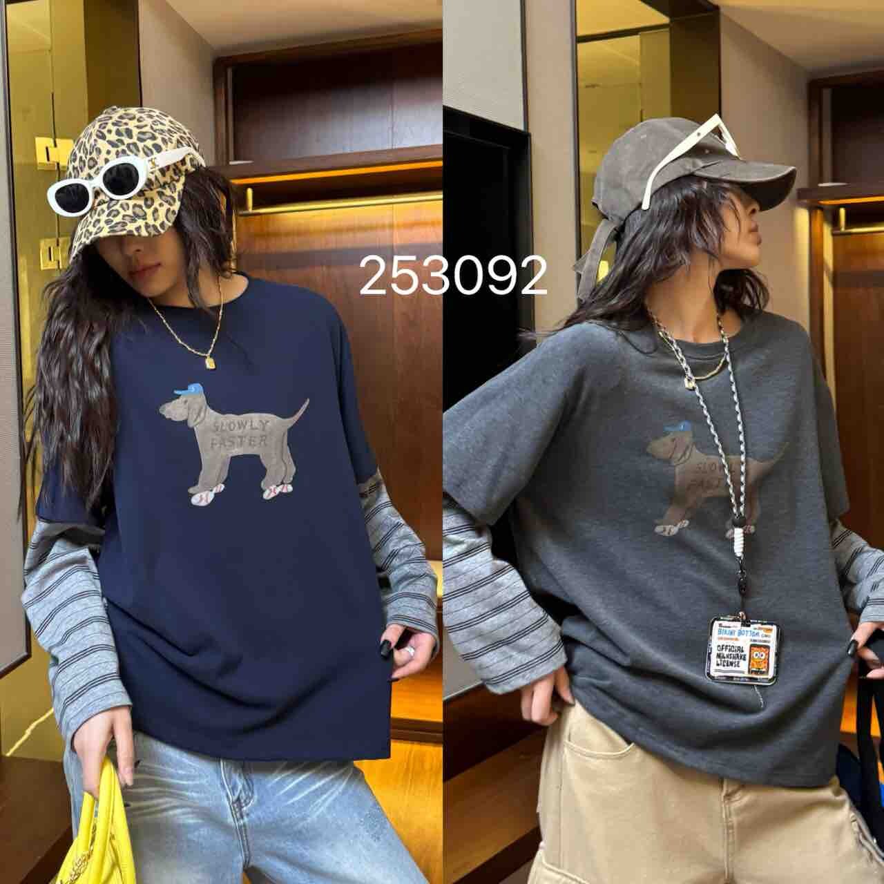 2025新款大码女装纯色简约圆领长袖假两件T恤纯棉舒适百搭上衣潮