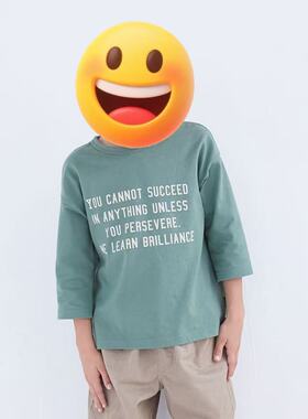 日式儿童七分袖T宝宝休闲风字母印花打底衫男童宽松圆领绿色上衣