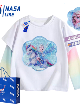 NASA联名艾莎儿童纯棉冰感t恤亮片可变图假两件防晒衫女童夏上衣