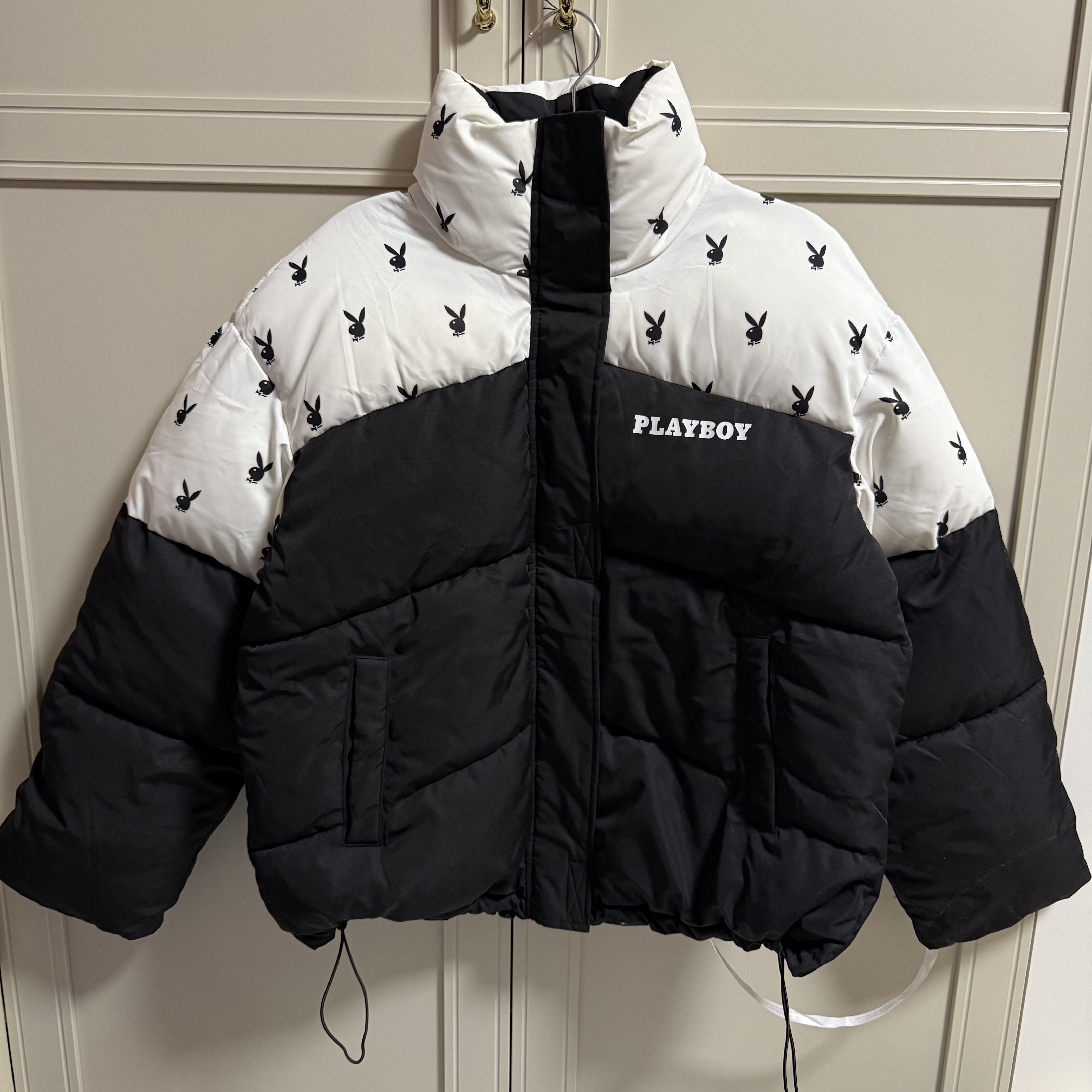清货不退换外单欧美Playboy兔子兔头拼色撞色宽松大版大码羽绒服