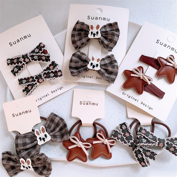 新款韩系儿童格子蝴蝶结发夹皮质五角星发圈头绳女童刘海碎发BB夹