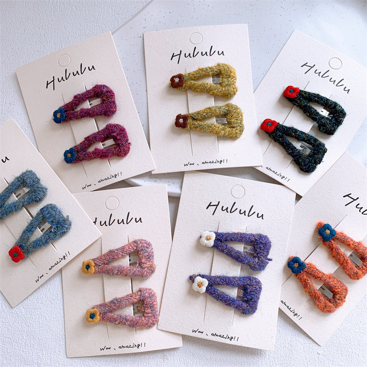 新款儿童彩色线三角发夹甜美女童刺绣小花碎发BB夹侧边刘海夹发卡