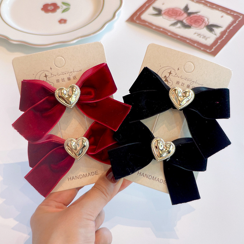 秋冬新款酒红植绒蝴蝶结复古爱心儿童发圈 气质女童对夹黑色发饰