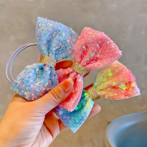2025欧美亮片蝴蝶结皇冠女童发圈 可爱宝宝闪粉亮片发饰头饰品