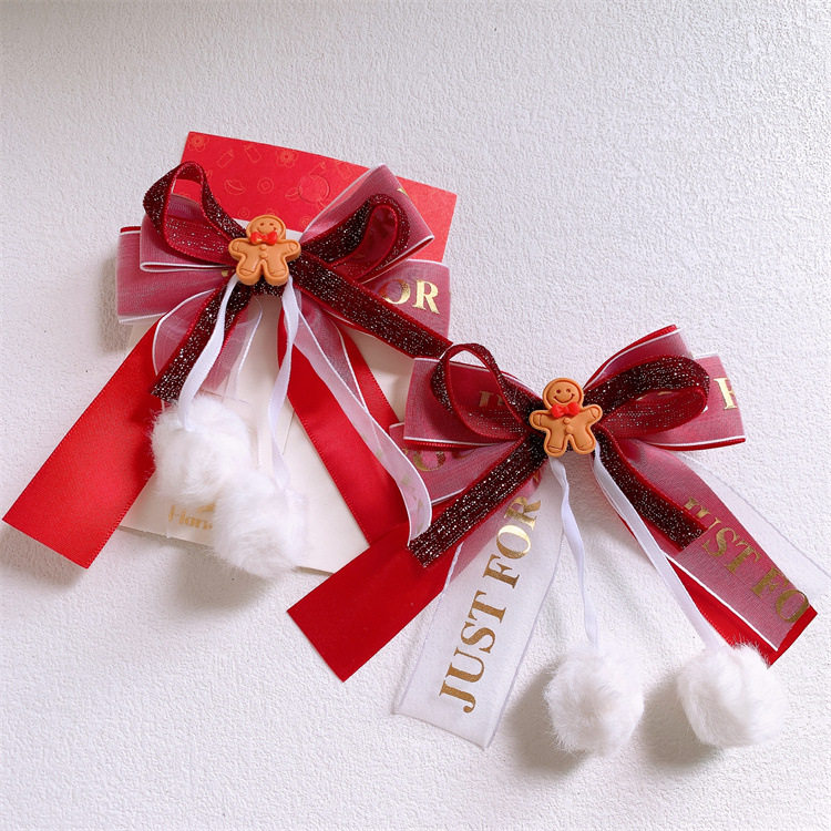 儿童圣诞节毛球蝴蝶结发夹甜美可爱女童圣诞雪人姜饼人发卡头饰