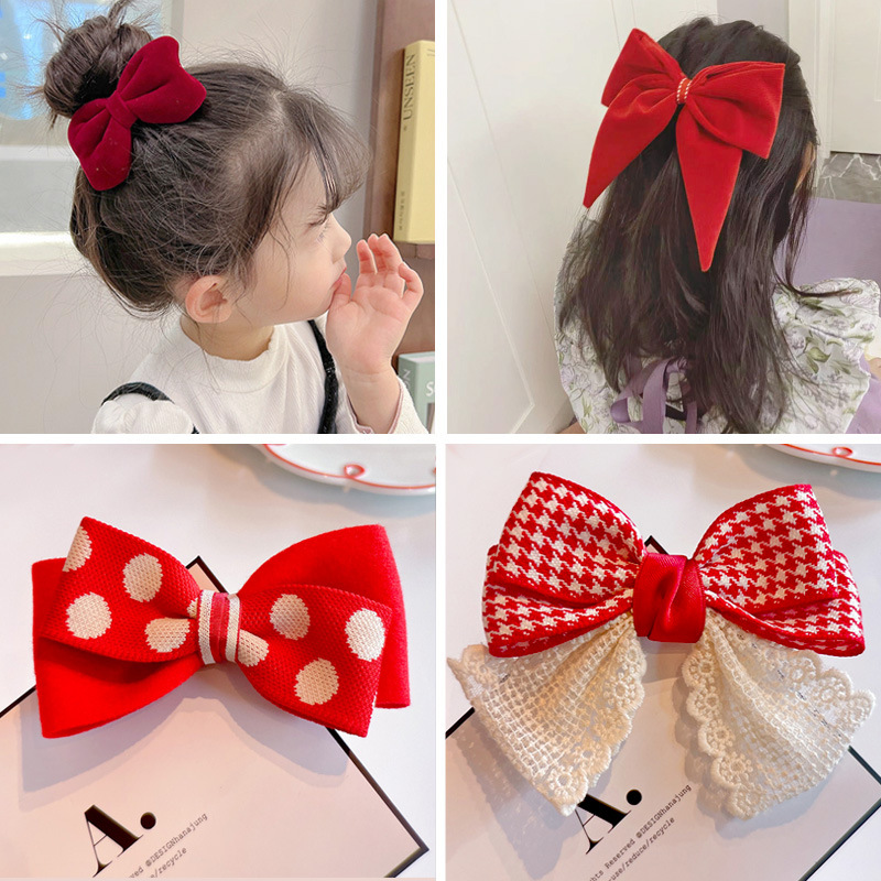 工厂店 新年红色大蝴蝶结女童发夹发绳 皇冠飘带宝宝发卡儿童发饰