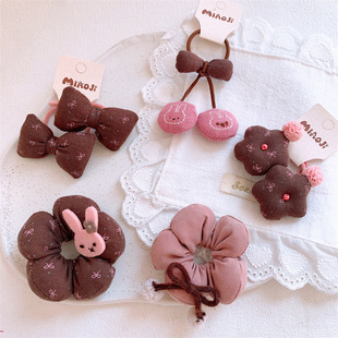韩系儿童粉咖色塞棉花朵大肠发圈蝴蝶结发绳小女孩扎头发皮筋头绳