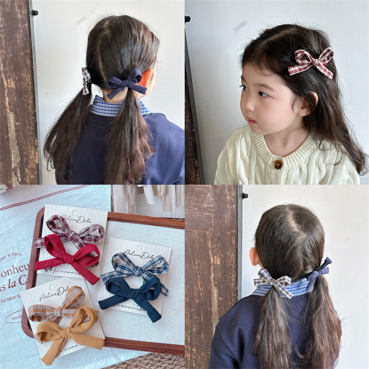 新款儿童布艺格纹交叉蝴蝶结发夹女童侧边刘海碎发夹亲子发卡头饰