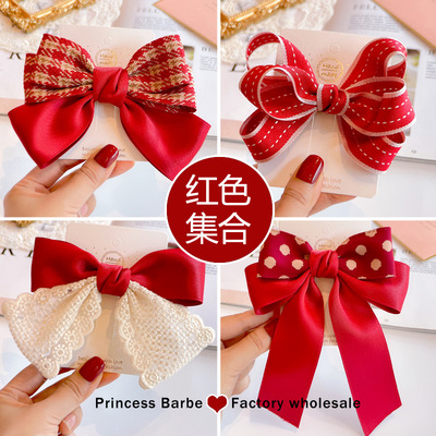 2025新年韩版秋冬红色系蝴蝶结飘带女童发夹 儿童发饰头饰