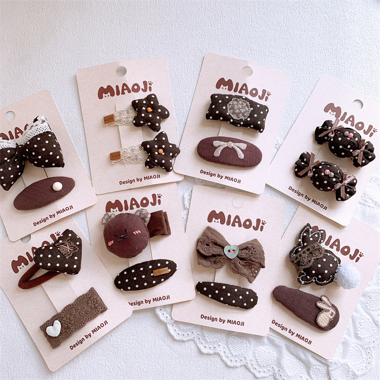 儿童咖啡色布艺圆点蝴蝶结发夹女童可爱卡通发卡刘海碎发BB夹发卡