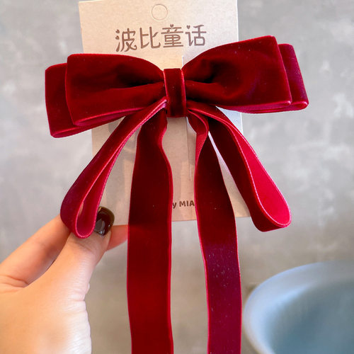 韩系酒红色植绒高级感赫本风蝴蝶结飘带 弹簧夹女童发饰头饰发夹