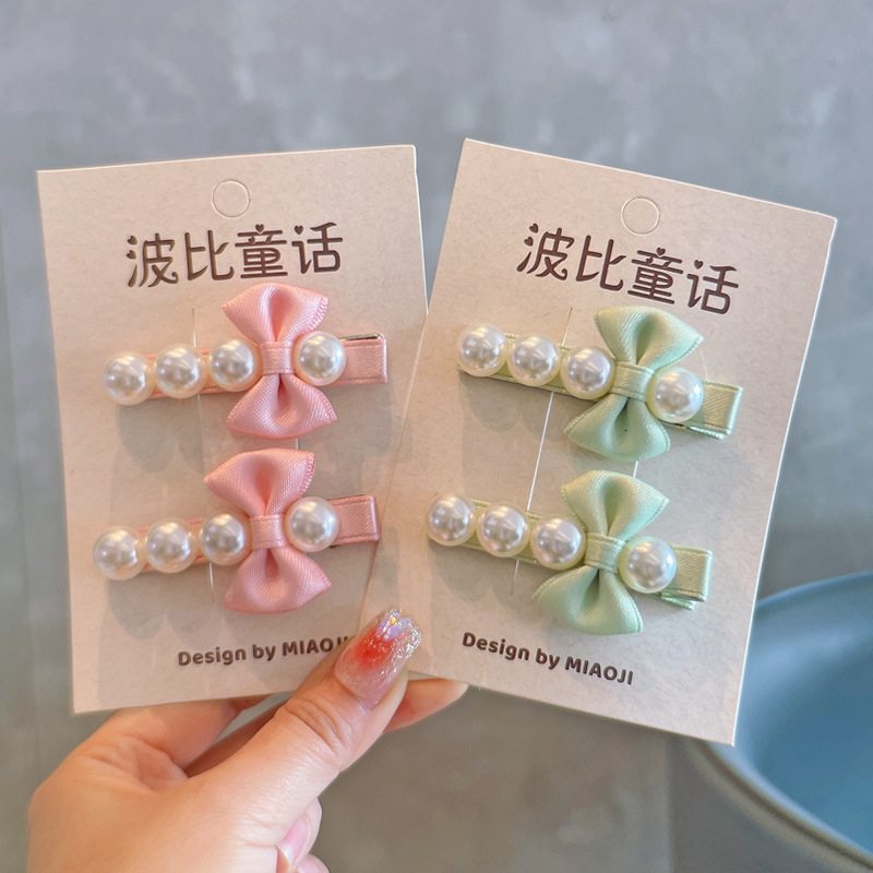 波比童话 韩版立体感珍珠蝴蝶结儿童发夹 女童对夹可爱碎发刘海夹