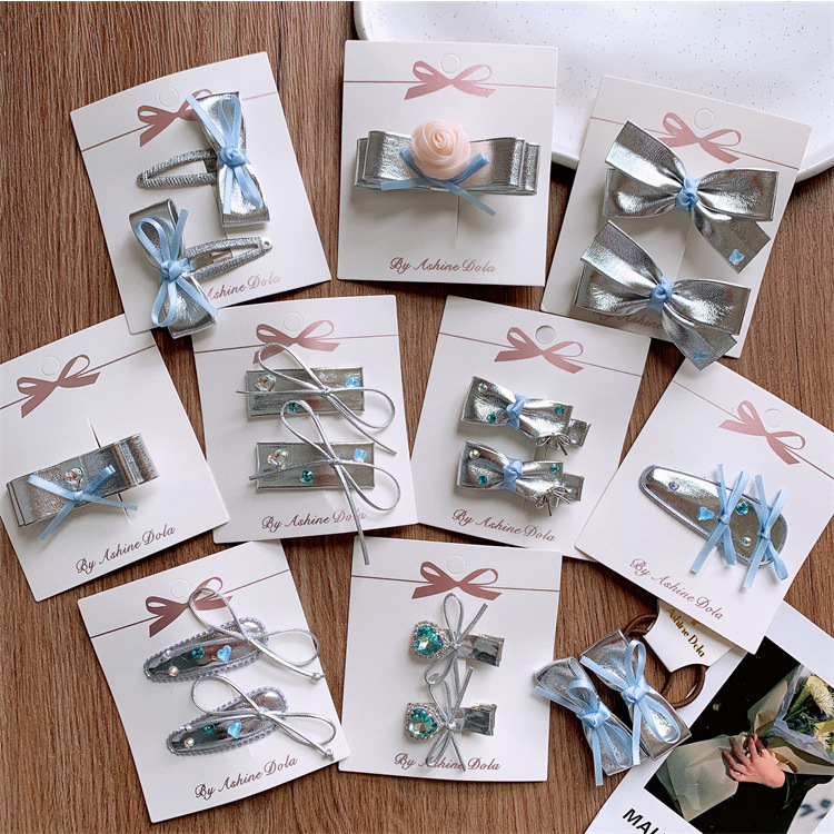 新款儿童银色系PU皮质蝴蝶结发夹女童侧边刘海夹碎发BB夹对装发卡