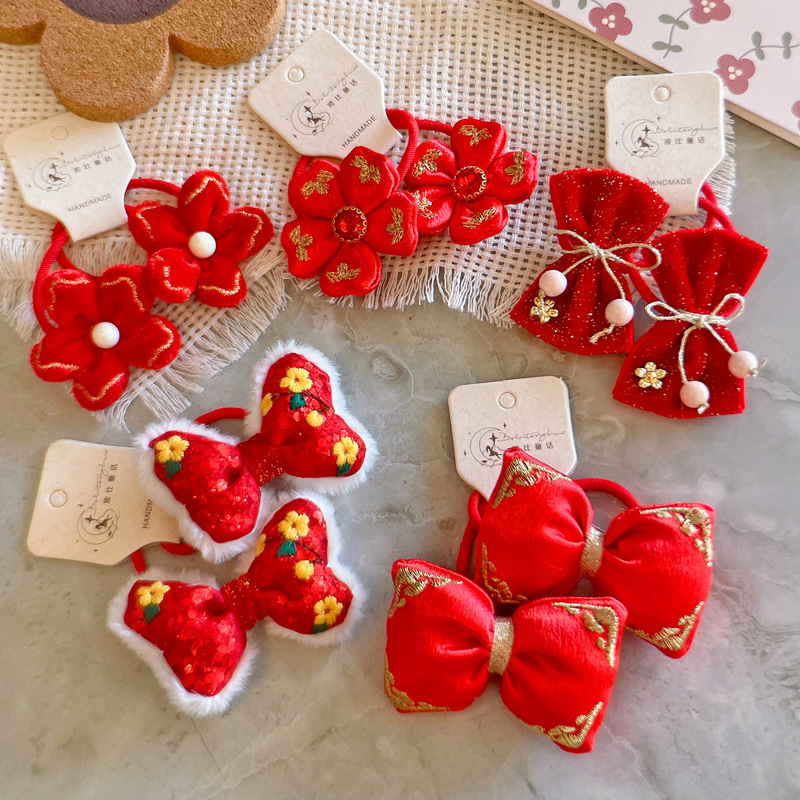 新款刺绣国风红色儿童发圈 喜庆古风汉服女童发圈宝宝头饰发饰