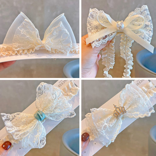 韩版高级感米色蕾丝婴幼儿发带 蝴蝶结超仙吊珍珠护脑门宝宝发饰