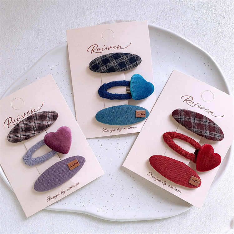 秋冬新款儿童丝绒爱心发夹甜美女童格纹椭圆BB夹侧边刘海碎发夹子