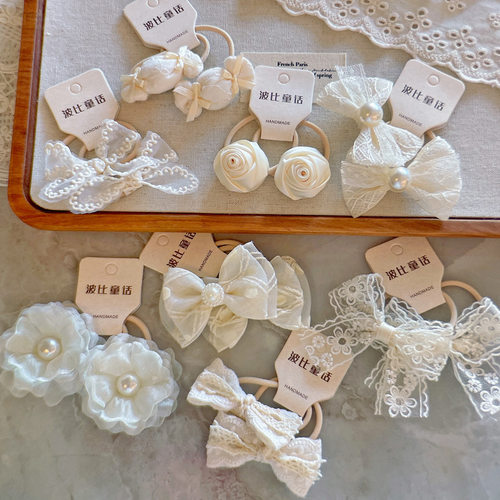 夏季新款超仙米色蕾丝系玫瑰花朵发圈法式儿童头饰发绳少女发饰