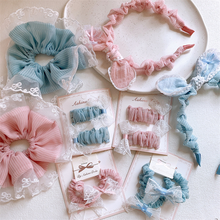 甜美儿童格子蝴蝶结发夹头箍发卡蕾丝花边大肠发圈女童扎马尾头绳