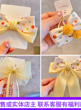 24春季新款流行黄色儿童发饰女童飘带波点皇冠立体蝴蝶结宝宝头饰