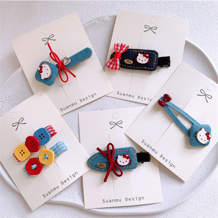 新款儿童牛仔小猫纽扣蝴蝶结发夹甜美女童侧边刘海夹宝宝碎发BB夹